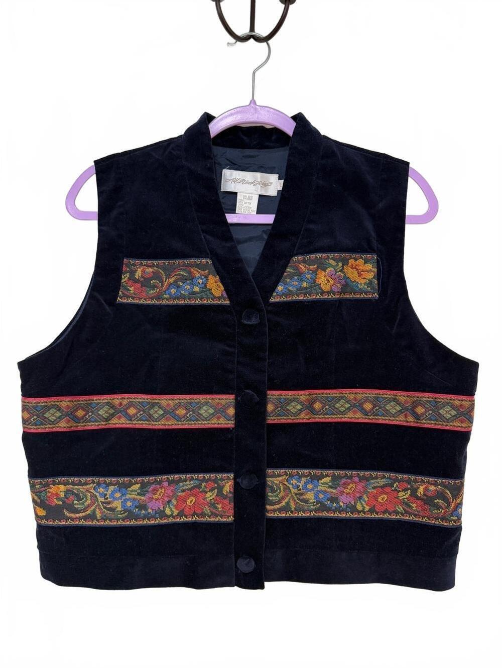 All Week Long Unisex L Black Velvet Vest Floral Tapestry Trim Button Front